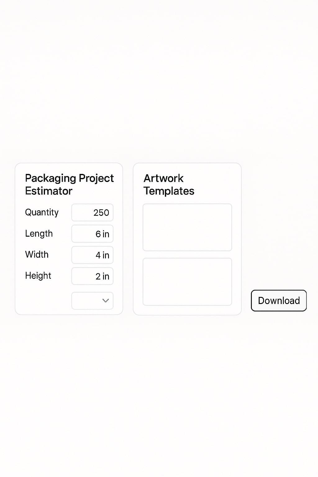 Mockup of a packaging project estimator and downloadable artwork templates for food pouches.
