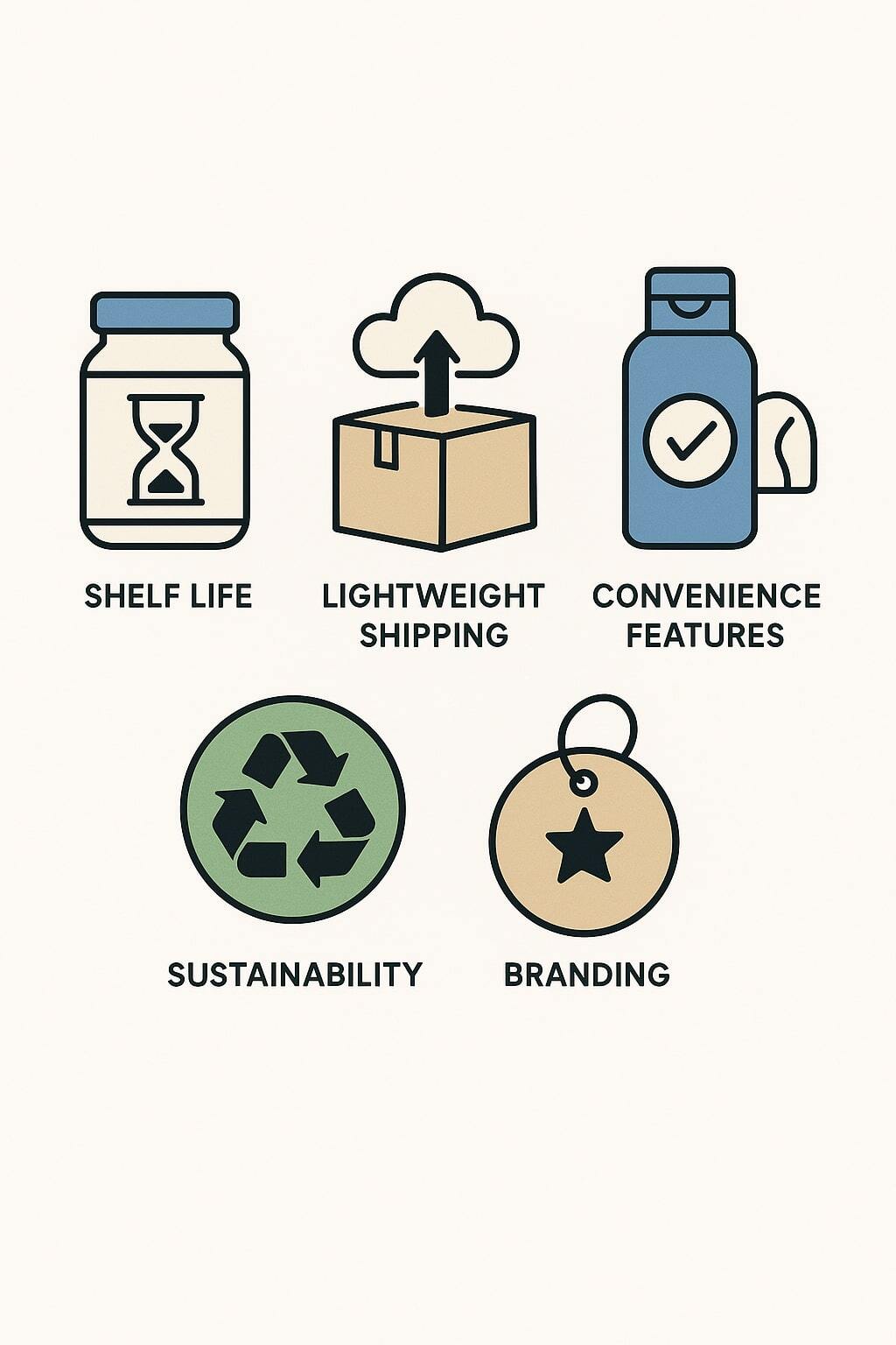 Icon set visualizing shelf life, lightweight shipping, convenience features, sustainability, and branding.