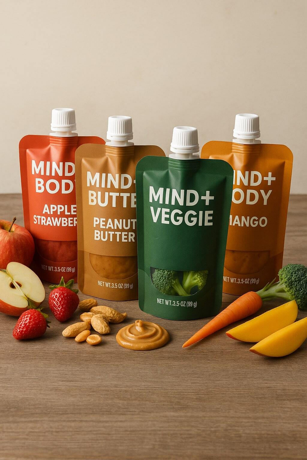 Lifestyle shot of resealable and spouted food pouches with strong branding and clear windows.