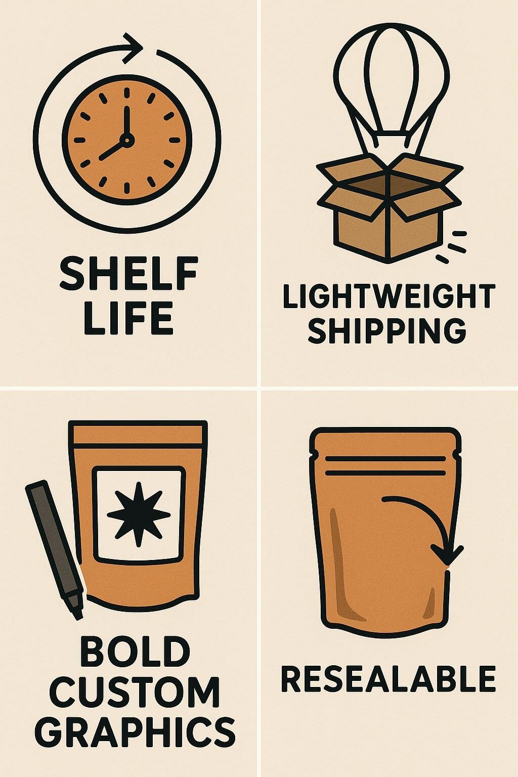 Collage highlighting extended shelf life, lightweight shipping, bold customization, and consumer-friendly features.