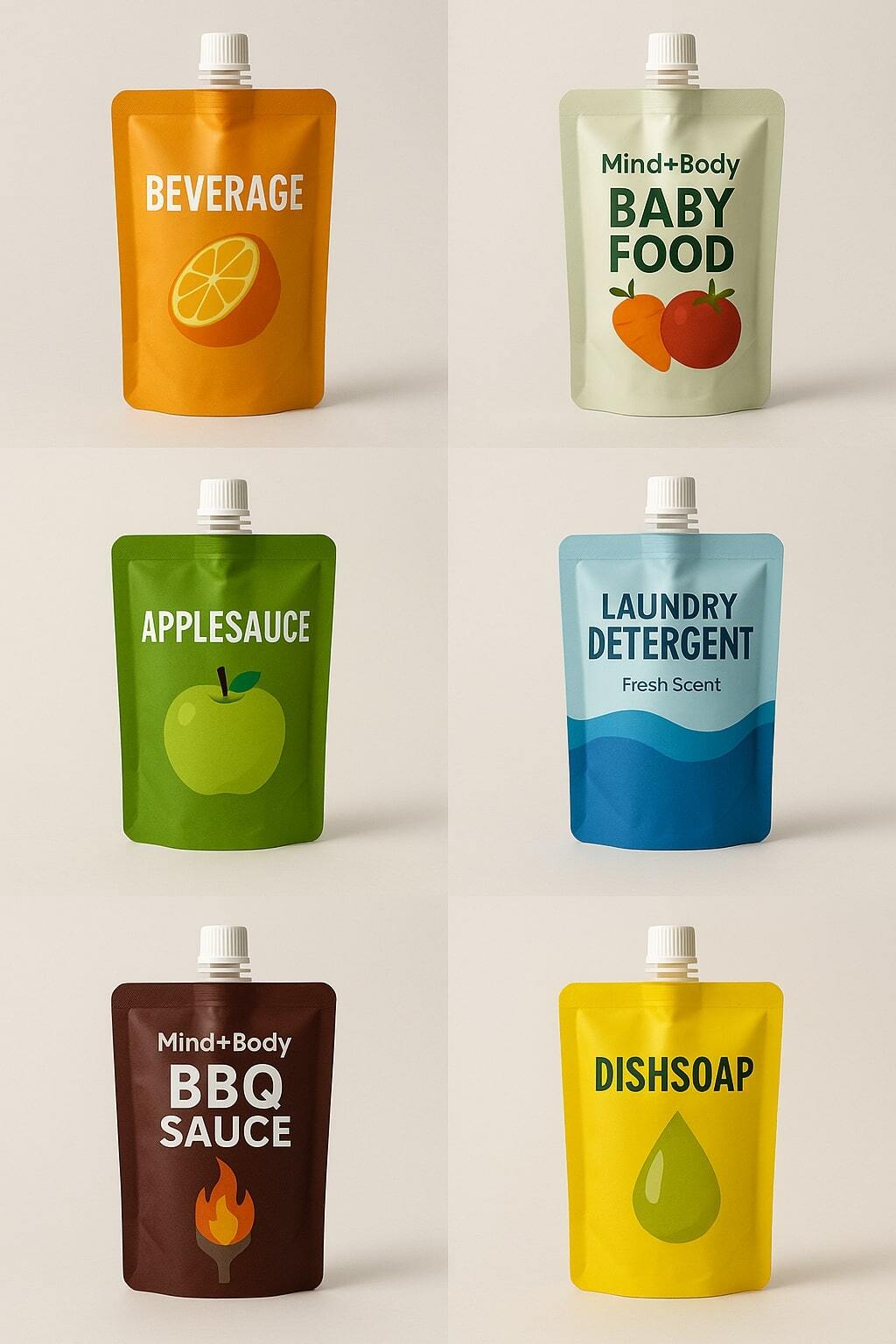 Grid of spouted pouches across beverages, baby food, sauces, detergents, and oils.