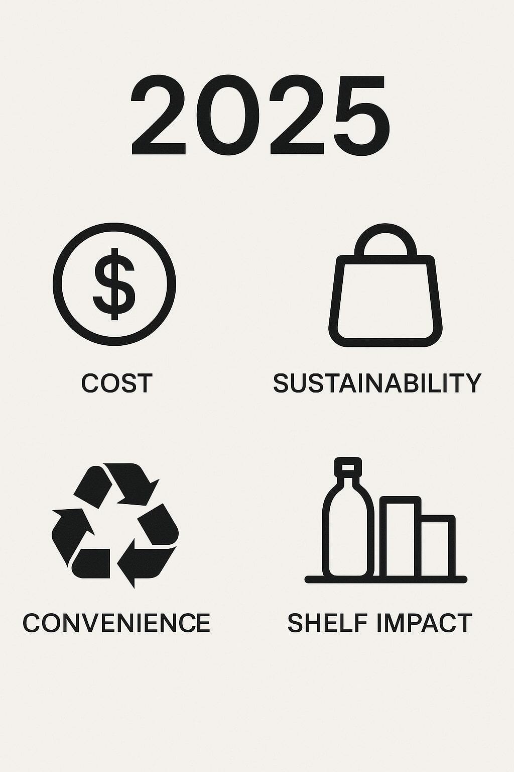 Clean trend graphic highlighting 2025 packaging trends with icons for cost, sustainability, convenience, and shelf impact.