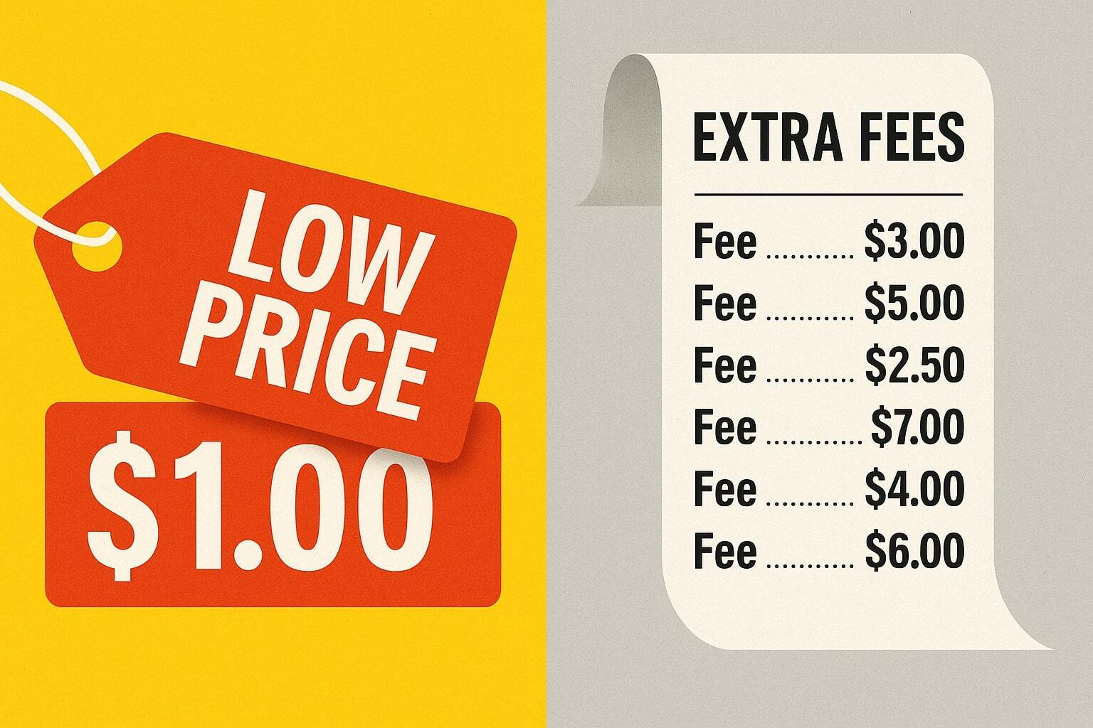 Slim banner contrasting a low unit price tag against a long receipt of extra fees; split-screen editorial graphic.