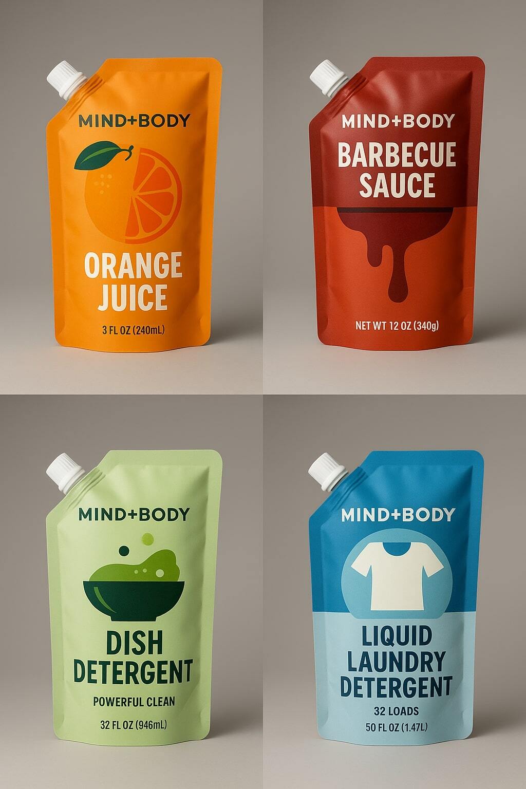 Collage of products—beverages, sauces, detergents—packaged in spouted pouches.