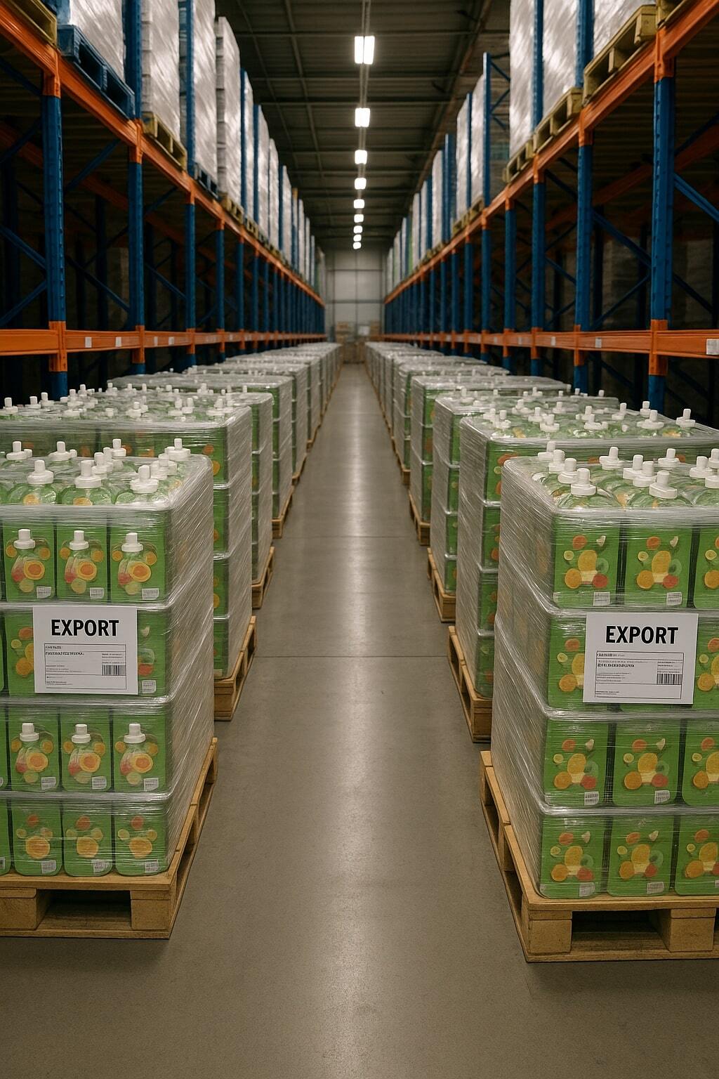 Palletized spouted pouches staged in a distribution aisle for export.