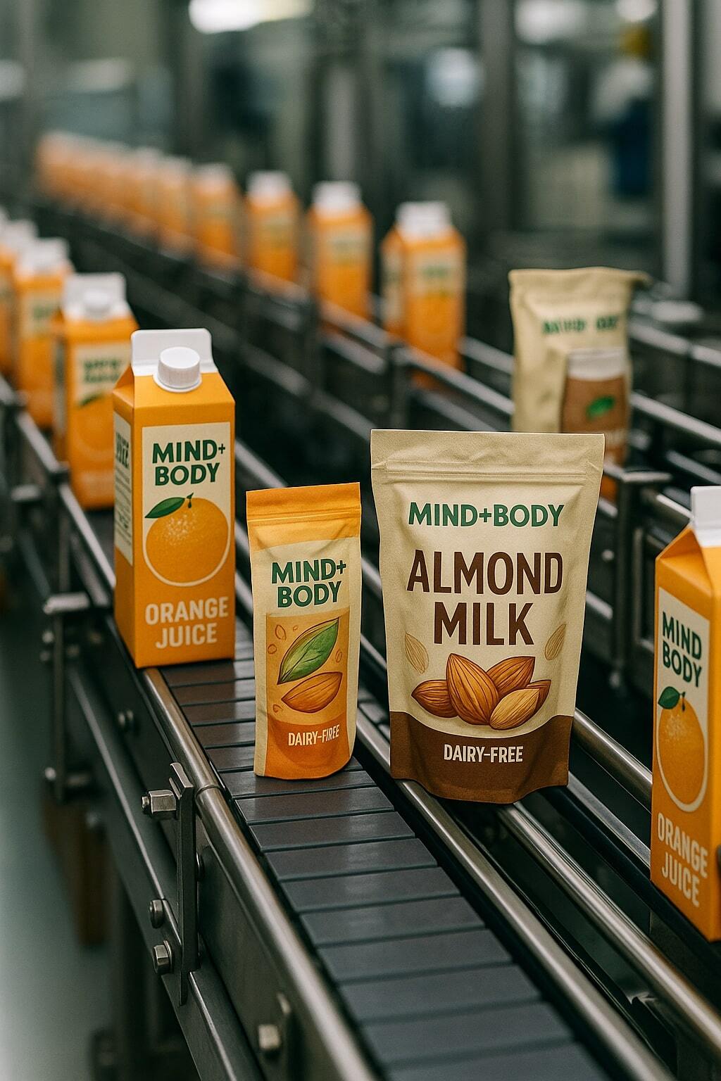 Aseptic carton line for juice and dairy alternatives in a bright facility.