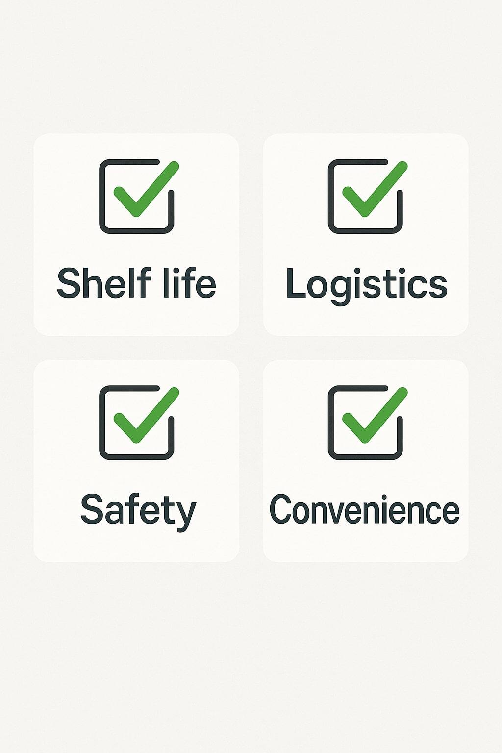 Checklist tiles summarizing shelf life, logistics, safety, and convenience.