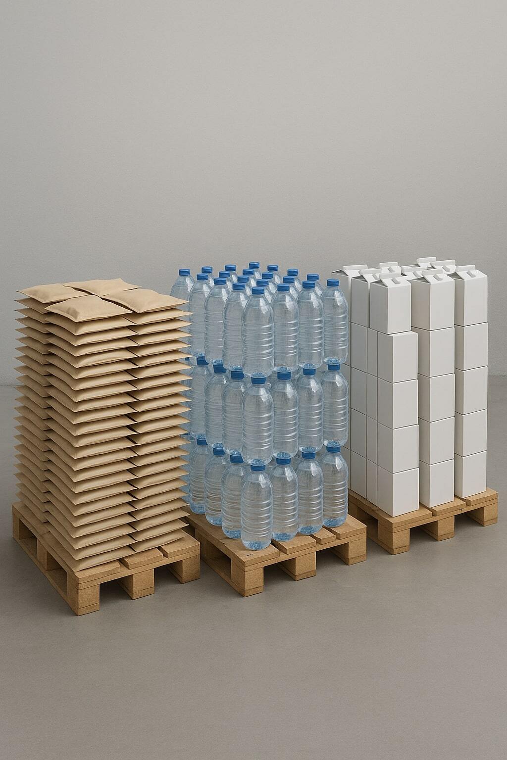 Pallet of flat pouches beside pallets of bottles and cartons to illustrate cost drivers.