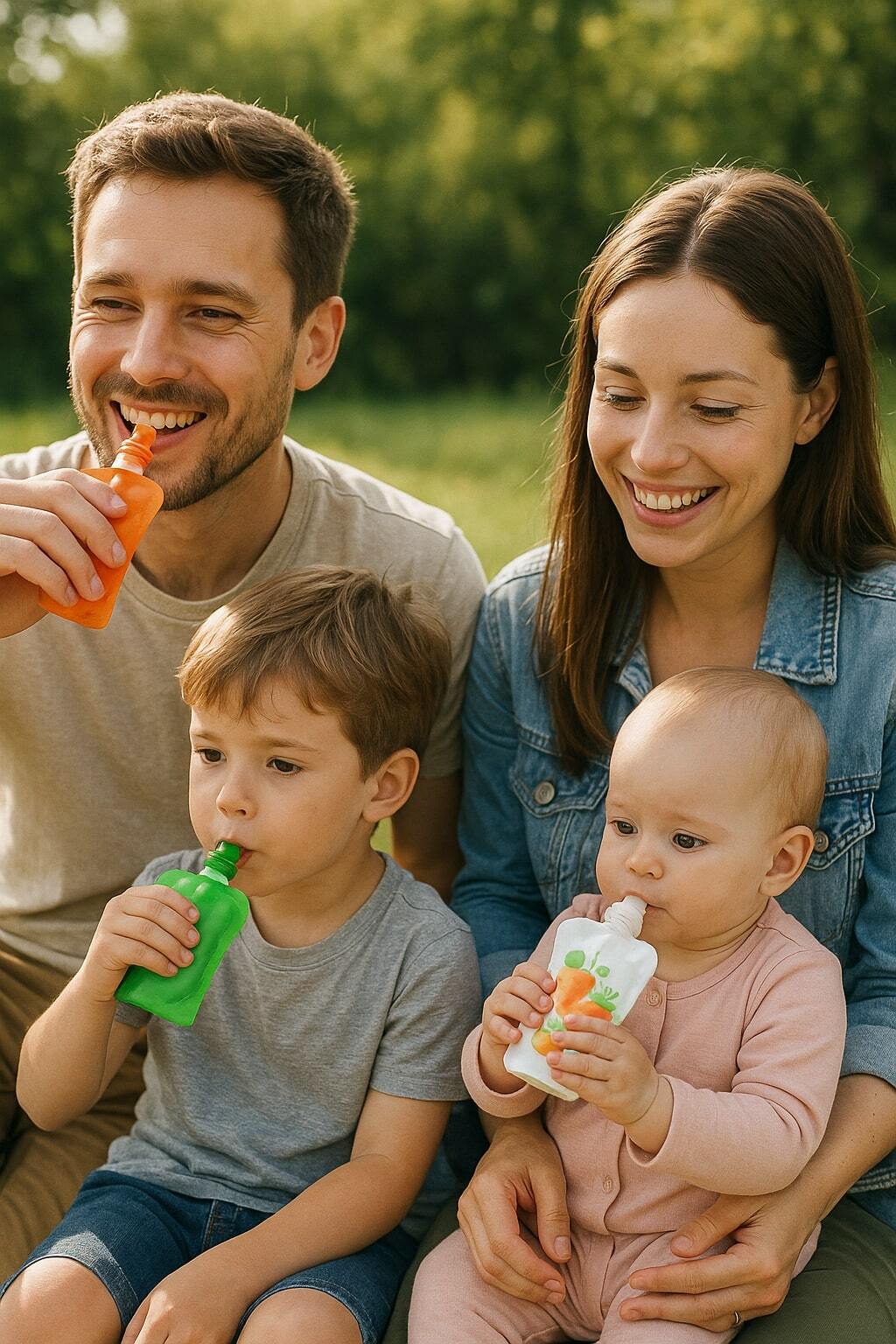 Family enjoying spouted pouch beverages and baby food outdoors.