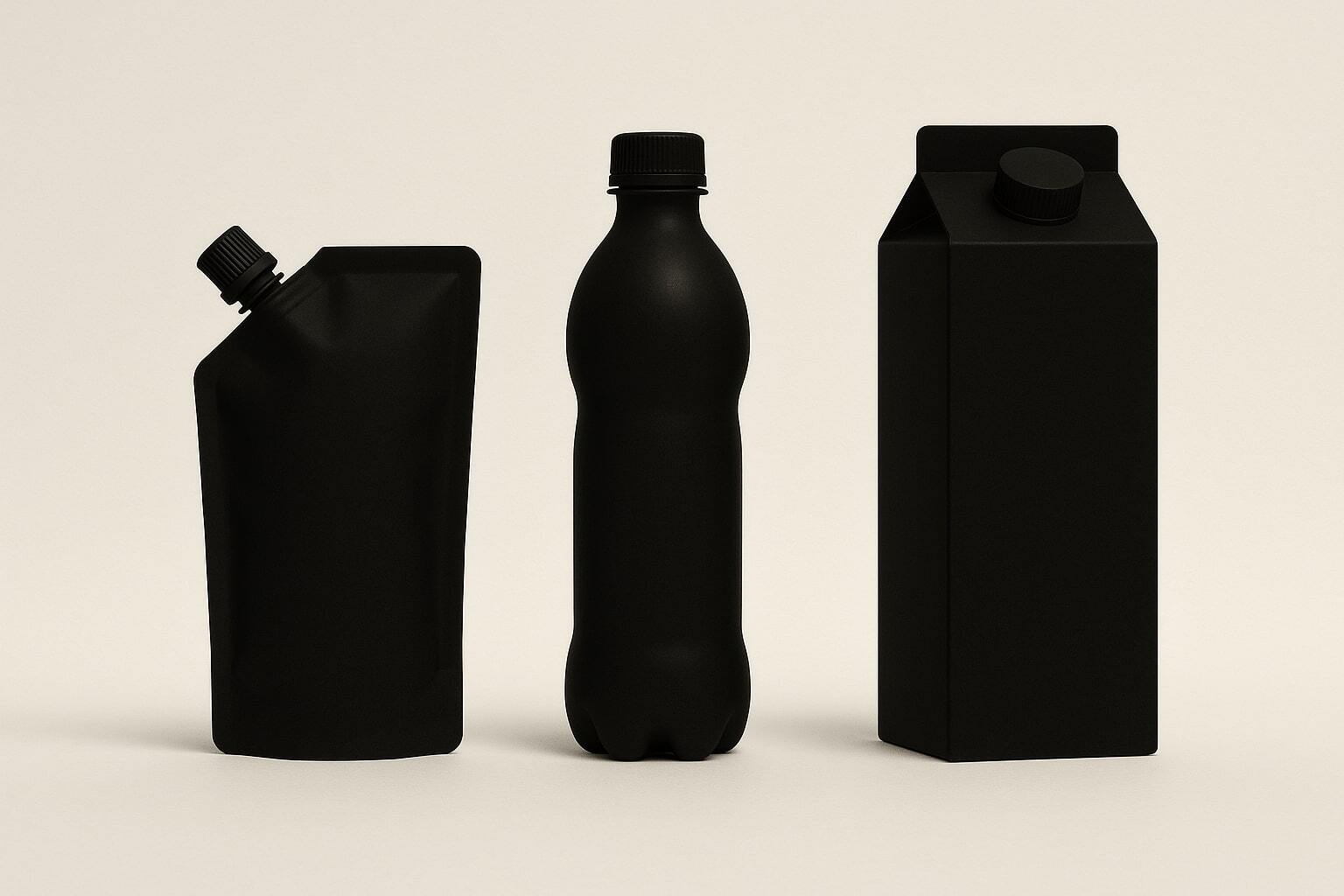 Simple side-by-side of a spouted pouch, a plastic bottle, and a carton.