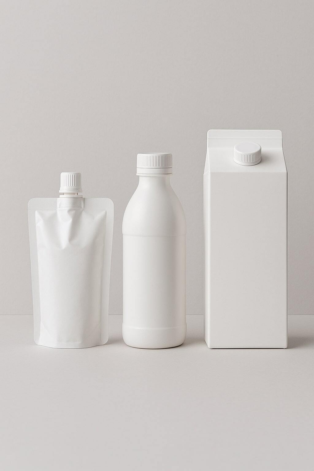 Lineup of a spouted pouch, a bottle, and a carton on a neutral surface.