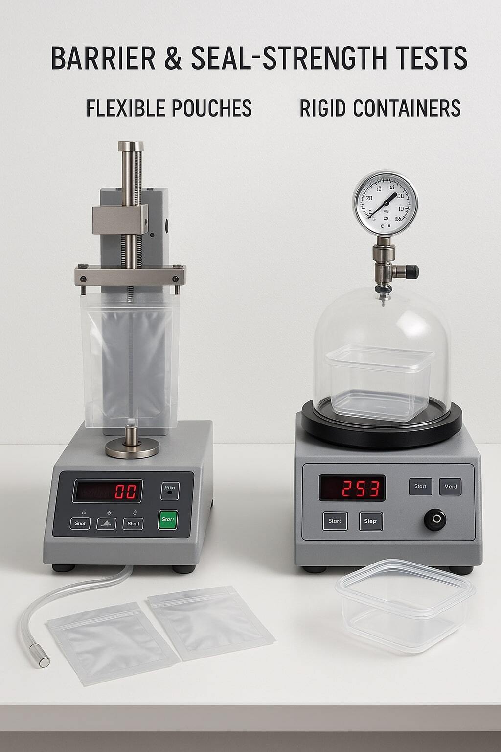 Lab scene with barrier and seal-strength tests on flexible pouches and rigid packaging.