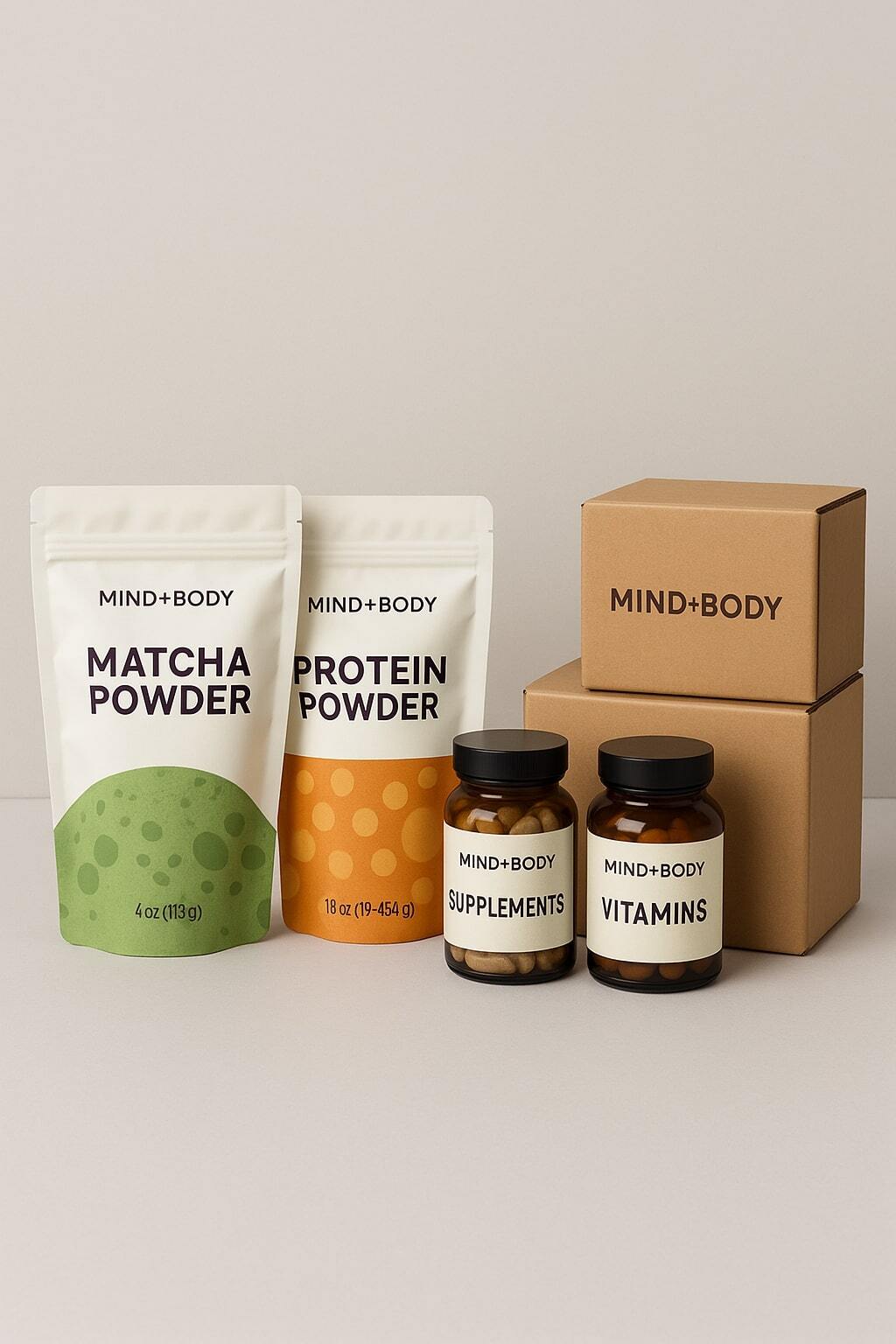 Side-by-side display of flexible pouches, rigid jars, and corrugated shippers.