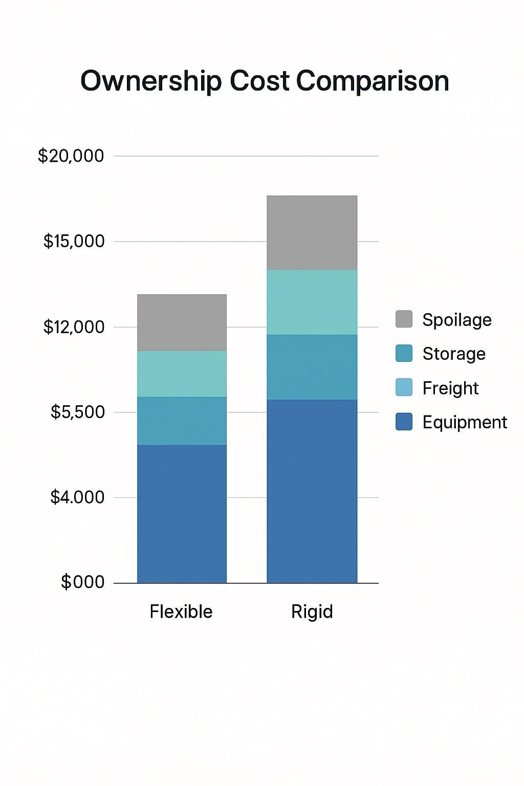 Ownership cost comparison diagram including equipment, freight, storage, and spoilage for flexible vs rigid.