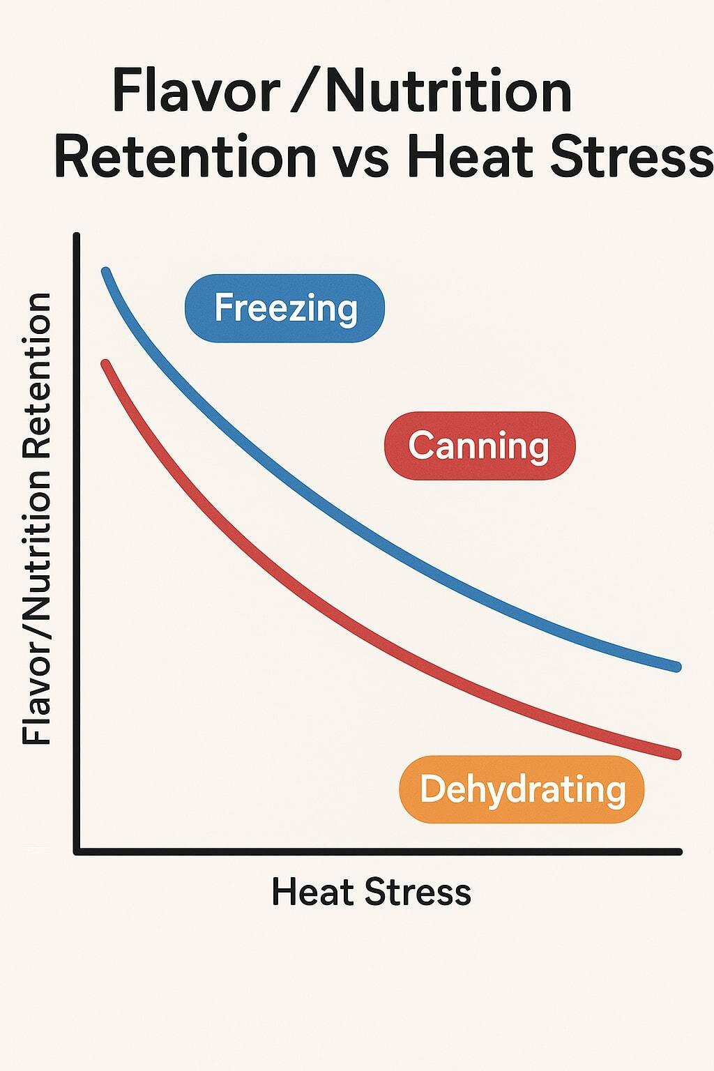 Illustration of flavor and nutrition retention vs heat stress across methods.