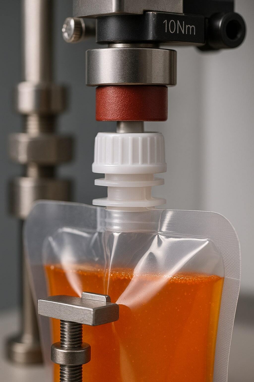 Close-up of a spouted pouch undergoing a seal strength test.