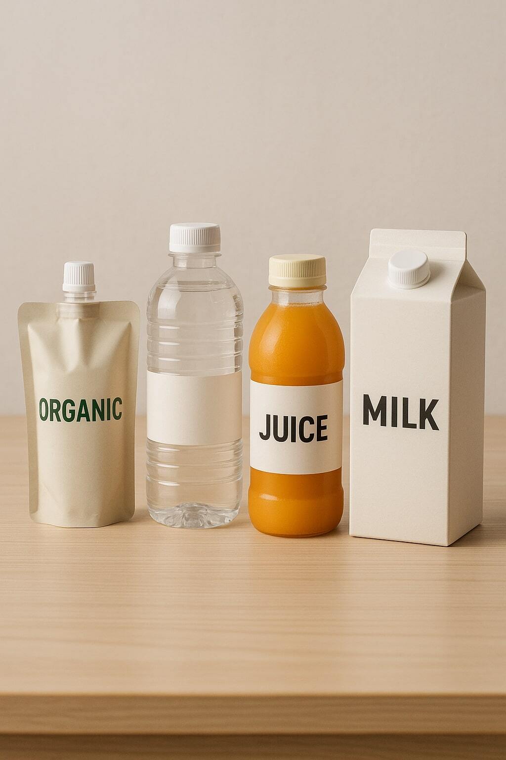 Products packaged in spouted pouches, bottles, and cartons placed side by side.