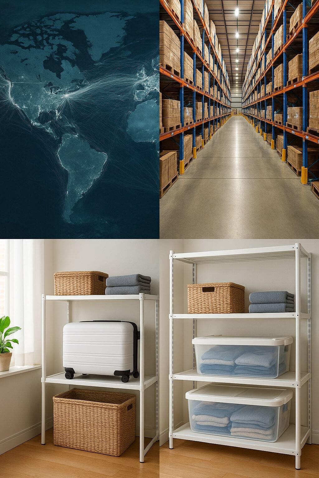 Collage of global shipping, ambient warehouse racks, and compact kitchen storage benefiting flexible packaging.