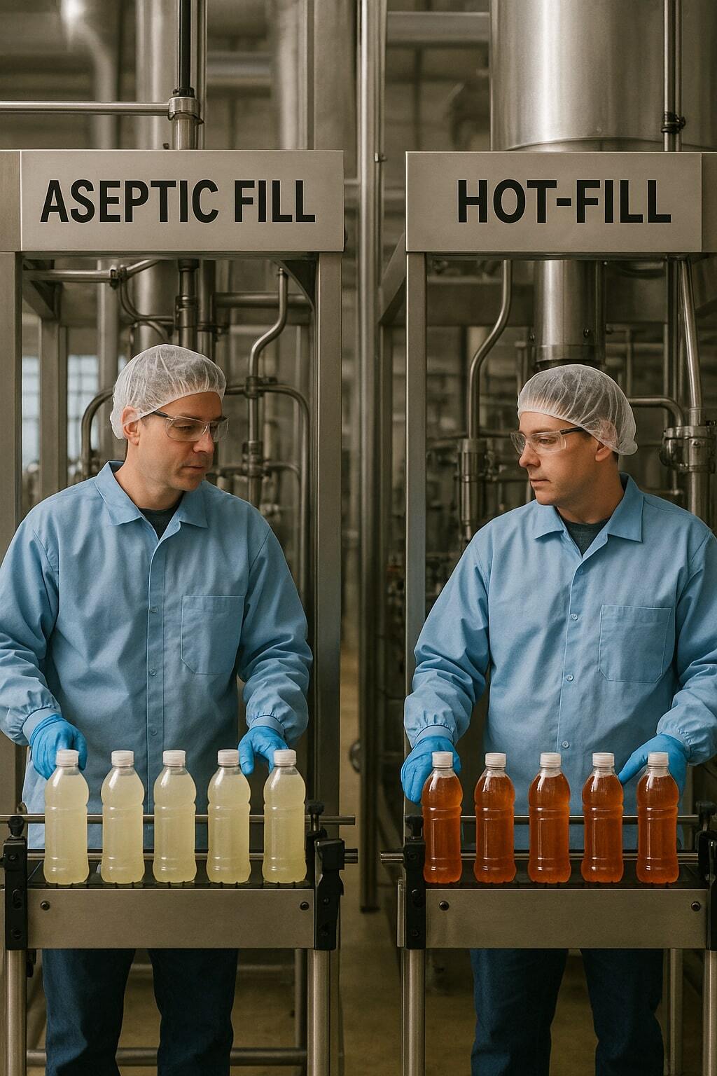Operators working on aseptic and hot-fill equipment side by side.
