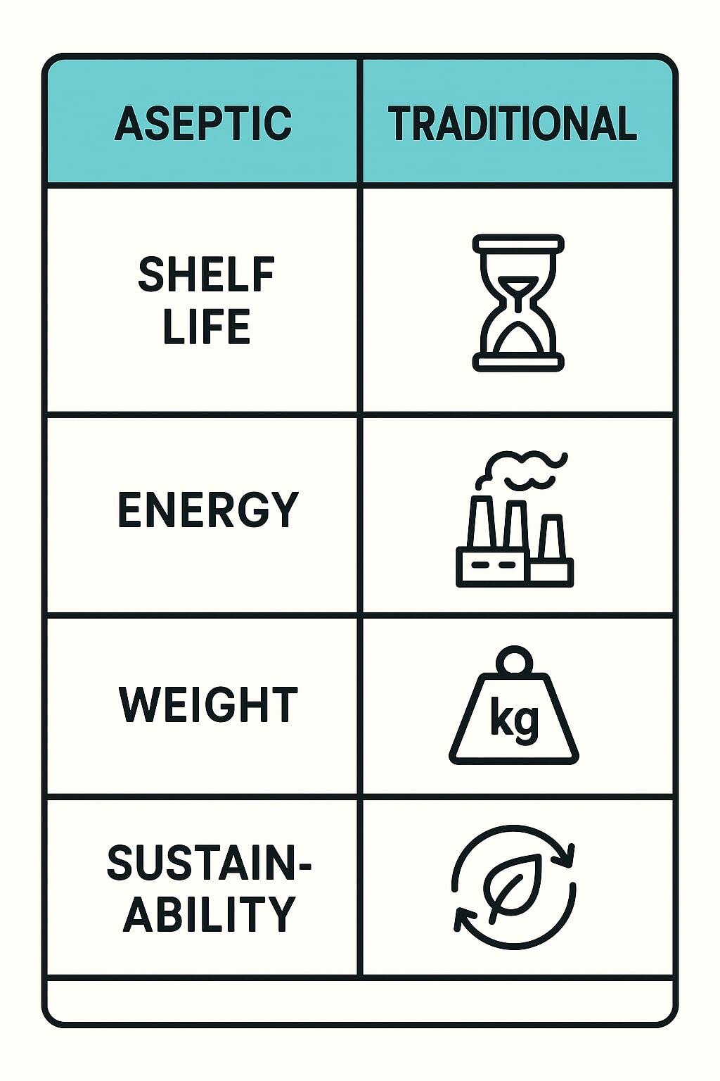 Infographic comparing cost, energy use, and shelf life between aseptic and traditional packaging.