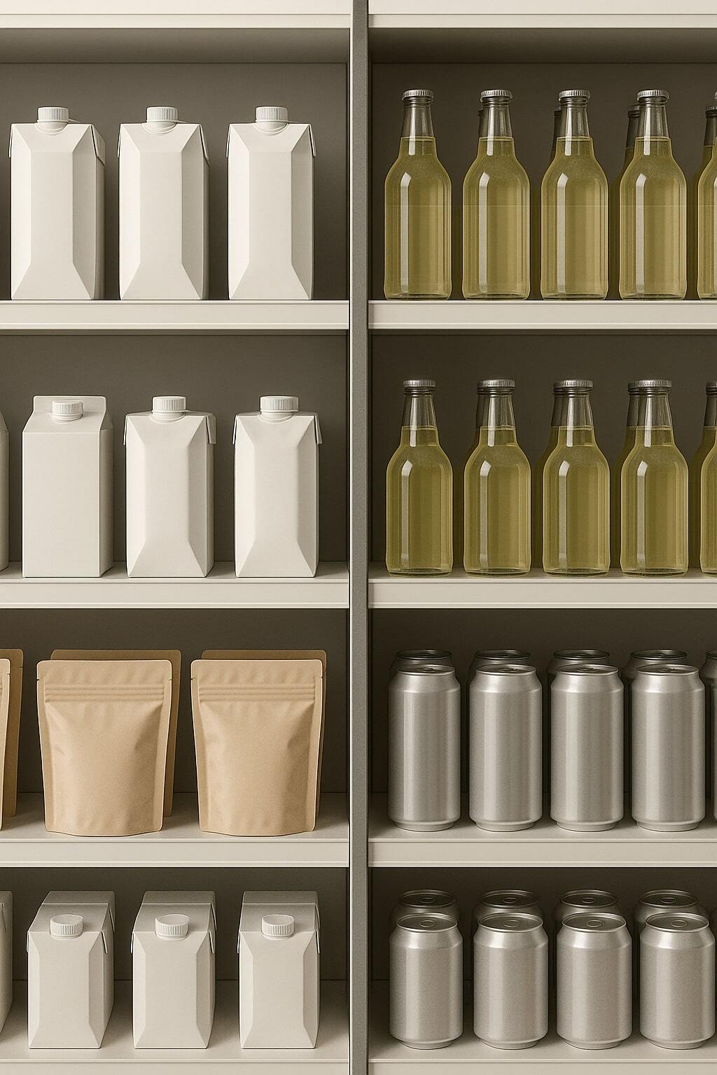 Split retail shelf showing aseptic formats on one side and traditional bottles/cans on the other.
