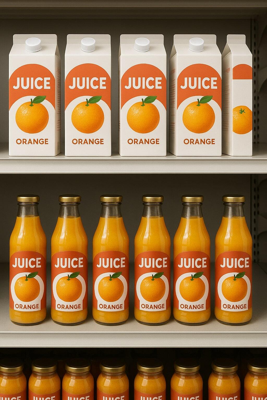 Juice brand showing aseptic cartons placed next to older glass bottles in a store.