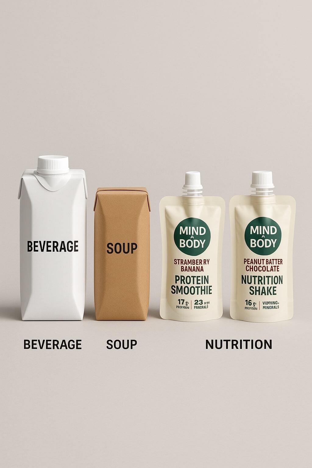 Lineup of aseptic cartons and pouches across beverages and soups.