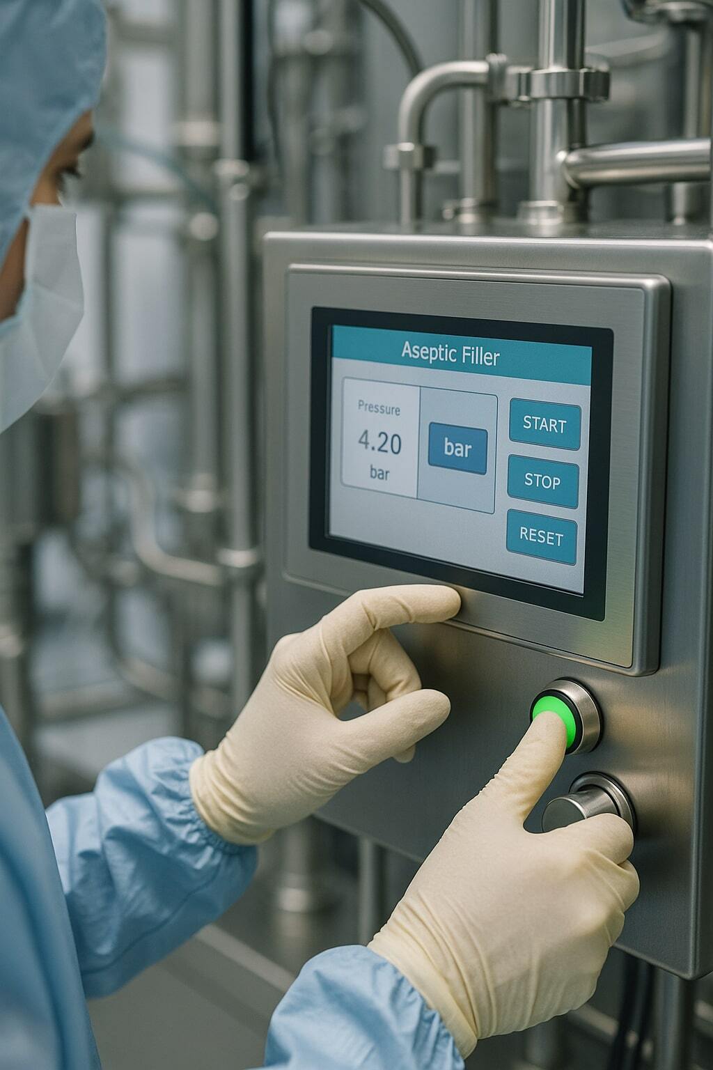 Technician adjusting aseptic machine control panel in a cleanroom.