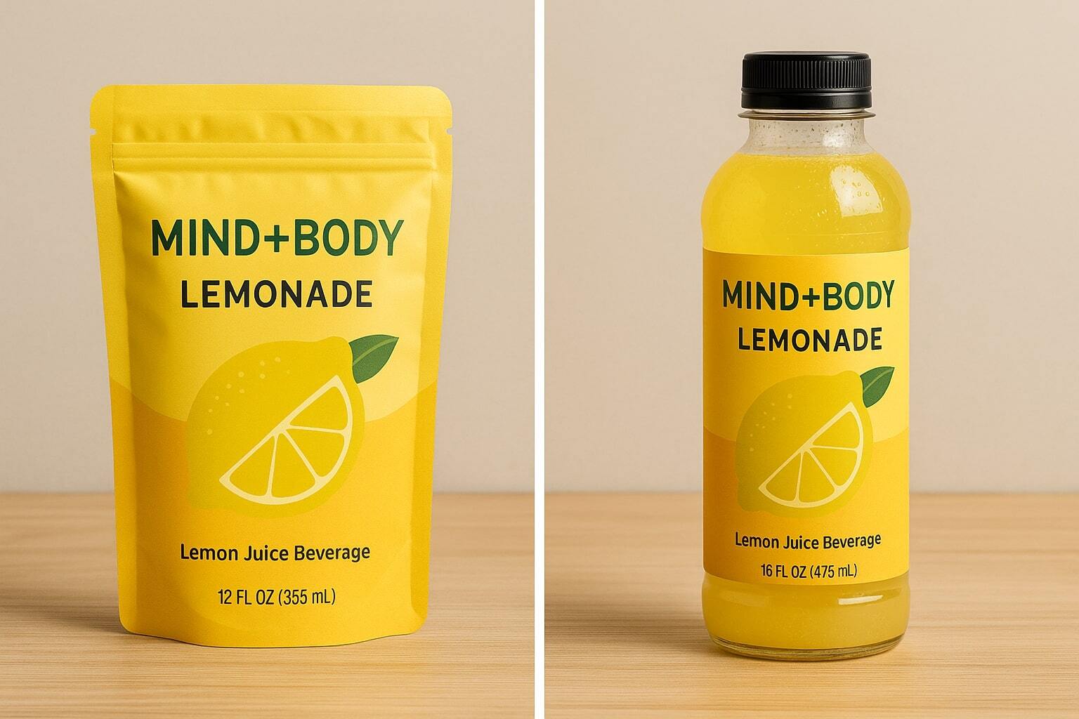 Split screen showing a beverage in a stand-up pouch next to the same beverage in a plastic bottle.