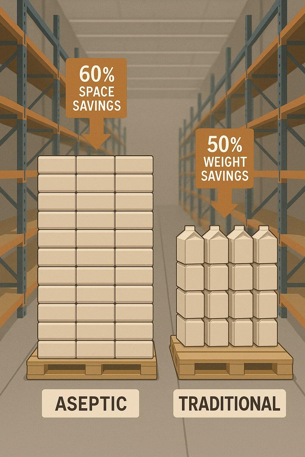 Warehouse comparison with aseptic cartons on pallets vs glass bottles showing storage efficiency.