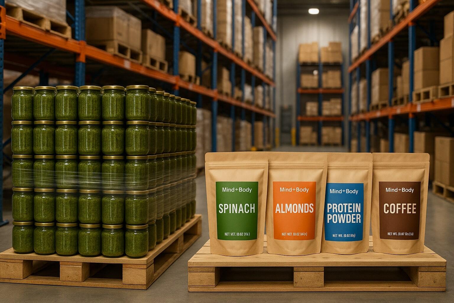 Warehouse scene with pallets of jars on one side and flat-packed stand-up pouches on the other.
