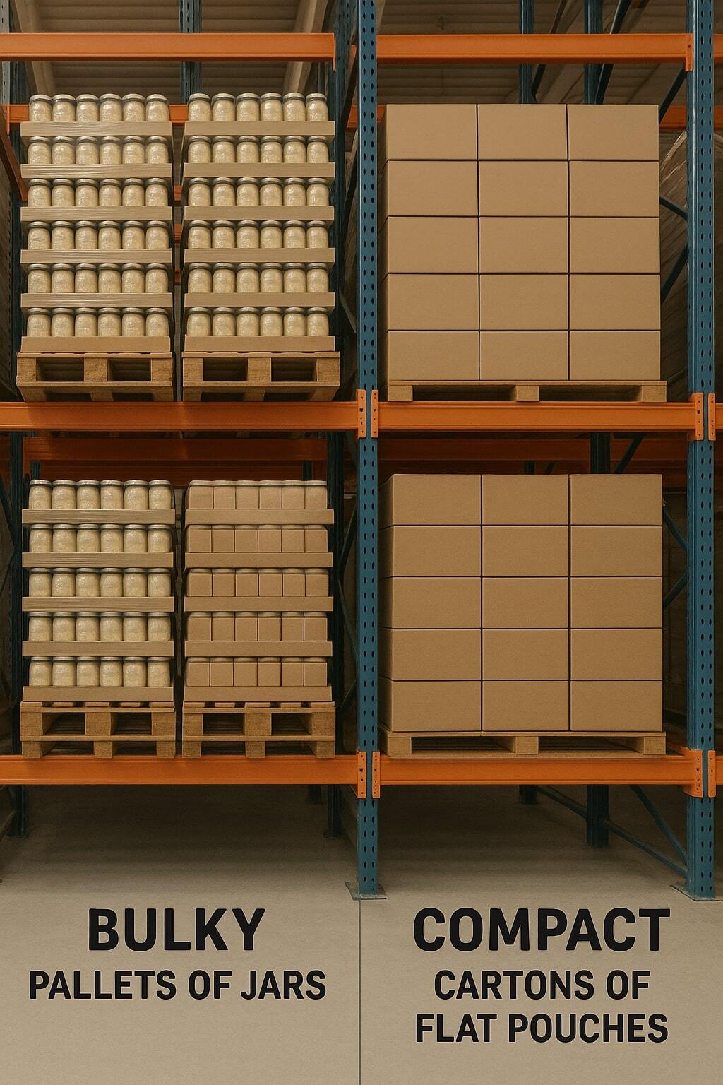 Warehouse racks showing bulky pallets of jars compared to compact cartons of flat pouches.