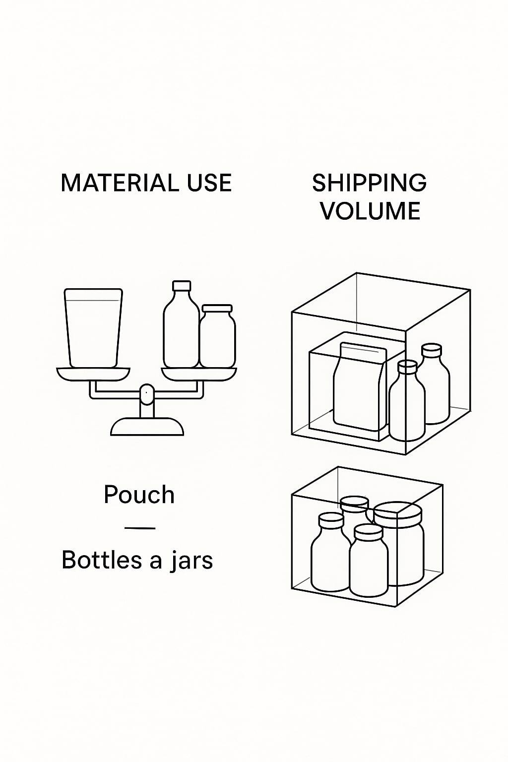 Scale and cube diagrams comparing material use and shipping volume of pouches versus bottles and jars.