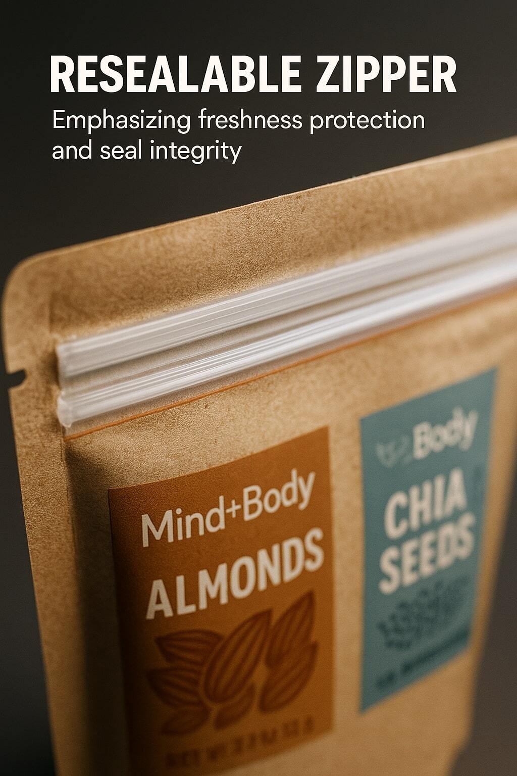 Macro close-up of a resealable zipper seal on a stand-up pouch emphasizing freshness protection.